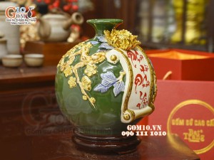 Bình hút tài lộc Phát Tài Phát Lộc đắp nổi dát vàng, nền xanh lục bảo, cao 28cm