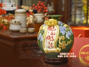 Bình hút tài lộc Phát Tài Phát Lộc đắp nổi dát vàng, nền xanh lục bảo, cao 28cm