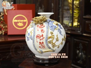 Bình hút tài lộc Phát Tài Phát Lộc đắp nổi, nền trắng, cao 22cm