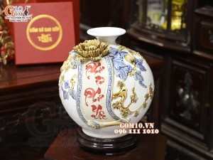 Bình hút tài lộc Phát Tài Phát Lộc đắp nổi, nền trắng, cao 22cm