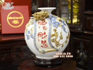 Bình hút tài lộc Phát Tài Phát Lộc đắp nổi, nền trắng, cao 28cm