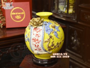 Bình hút tài lộc Phát Tài Phát Lộc đắp nổi, nền vàng, cao 22cm