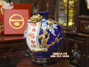 Bình hút tài lộc Phát Tài Phát Lộc đắp nổi, nền xanh coban, cao 28cm