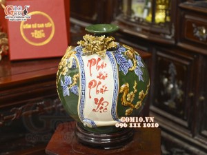 Bình hút tài lộc Phát Tài Phát Lộc đắp nổi, nền xanh lục bảo, cao 28cm