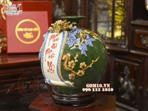 Bình hút tài lộc Phát Tài Phát Lộc đắp nổi, nền xanh lục bảo, cao 28cm