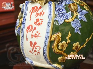 Bình hút tài lộc Phát Tài Phát Lộc đắp nổi, nền xanh lục bảo, cao 28cm