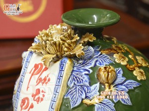 Bình hút tài lộc Phát Tài Phát Lộc đắp nổi, nền xanh lục bảo, cao 28cm