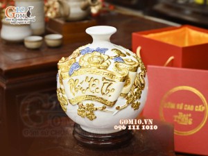 Bình hút tài lộc Phúc Lộc Thọ đắp nổi dát vàng, nền trắng , cao 22cm