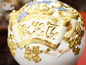 Bình hút tài lộc Phúc Lộc Thọ đắp nổi dát vàng, nền trắng , cao 22cm
