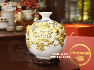 Bình hút tài lộc Phúc Lộc Thọ đắp nổi dát vàng, nền trắng , cao 22cm