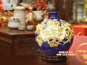 Bình hút tài lộc Phúc Lộc Thọ đắp nổi dát vàng, nền xanh coban, cao 22cm