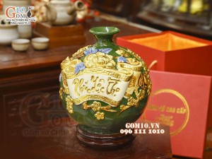 Bình hút tài lộc Phúc Lộc Thọ đắp nổi dát vàng, nền xanh lục bảo, cao 30cm