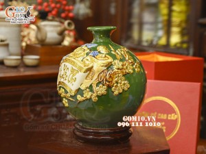 Bình hút tài lộc Phúc Lộc Thọ đắp nổi dát vàng, nền xanh lục bảo, cao 30cm