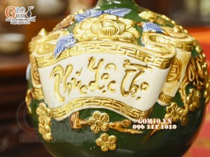 Bình hút tài lộc Phúc Lộc Thọ đắp nổi dát vàng, nền xanh lục bảo, cao 30cm