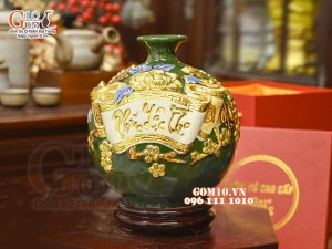 Bình hút tài lộc Phúc Lộc Thọ đắp nổi dát vàng, nền xanh lục bảo, cao 22cm