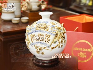 Bình hút tài lộc Phúc Lộc Thọ đắp nổi, nền trắng, cao 22cm