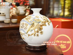 Bình hút tài lộc Phúc Lộc Thọ đắp nổi, nền trắng, cao 22cm