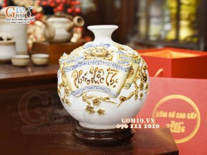 Bình hút tài lộc Phúc Lộc Thọ đắp nổi, nền trắng, cao 22cm