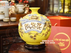 Bình hút tài lộc Phúc Lộc Thọ đắp nổi, nền vàng, cao 22cm