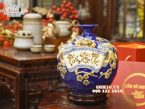 Bình hút tài lộc Phúc Lộc Thọ đắp nổi, nền xanh coban, cao 22cm