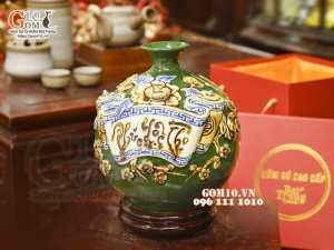 Bình hút tài lộc Phúc Lộc Thọ đắp nổi, nền xanh lục bảo, cao 22cm