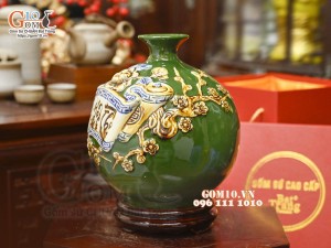 Bình hút tài lộc Phúc Lộc Thọ đắp nổi, nền xanh lục bảo, cao 22cm