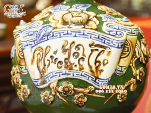 Bình hút tài lộc Phúc Lộc Thọ đắp nổi, nền xanh lục bảo, cao 22cm