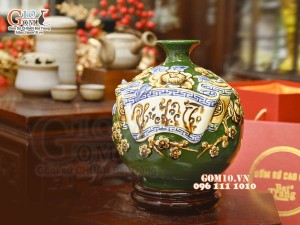 Bình hút tài lộc Phúc Lộc Thọ đắp nổi, nền xanh lục bảo, cao 22cm