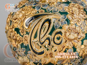 Bình hút tài lộc Phúc Lộc Thọ ngàn hoa đắp nổi vẽ vàng 24k, nền xanh - cao 35cm