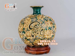 Bình hút tài lộc Phúc Lộc Thọ ngàn hoa đắp nổi vẽ vàng 24k, nền xanh - cao 35cm