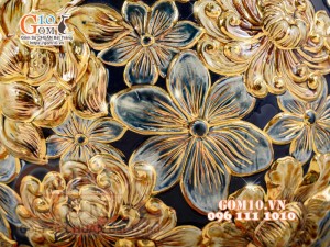 Bình hút tài lộc Phúc Lộc Thọ ngàn hoa đắp nổi vẽ vàng 24k, nền xanh coban - cao 35cm