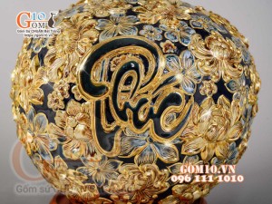 Bình hút tài lộc Phúc Lộc Thọ ngàn hoa đắp nổi vẽ vàng 24k, nền xanh coban - cao 35cm