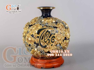 Bình hút tài lộc Phúc Lộc Thọ ngàn hoa đắp nổi vẽ vàng 24k, nền xanh coban - cao 35cm