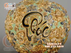 Bình hút tài lộc Phúc Lộc Thọ ngàn hoa đắp nổi vẽ vàng 24k, nền xanh ngọc - cao 35cm