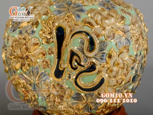 Bình hút tài lộc Phúc Lộc Thọ ngàn hoa đắp nổi vẽ vàng 24k, nền xanh ngọc - cao 35cm