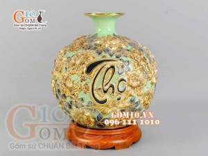 Bình hút tài lộc Phúc Lộc Thọ ngàn hoa đắp nổi vẽ vàng 24k, nền xanh ngọc - cao 35cm
