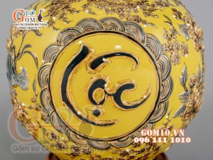 Bình hút tài lộc Phúc Lộc Thọ nổi vẽ vàng 24k, nền vàng - cao 40cm