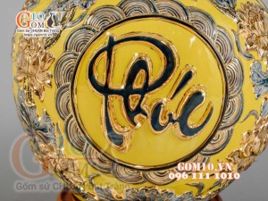 Bình hút tài lộc Phúc Lộc Thọ nổi vẽ vàng 24k, nền vàng - cao 40cm