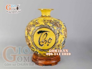 Bình hút tài lộc Phúc Lộc Thọ nổi vẽ vàng 24k, nền vàng - cao 40cm