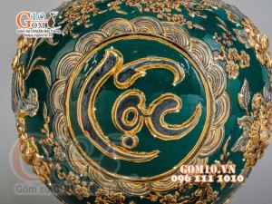 Bình hút tài lộc Phúc Lộc Thọ nổi vẽ vàng 24k, nền xanh lục bảo - cao 40cm