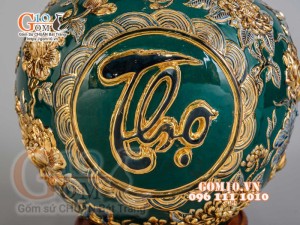Bình hút tài lộc Phúc Lộc Thọ nổi vẽ vàng 24k, nền xanh lục bảo - cao 40cm
