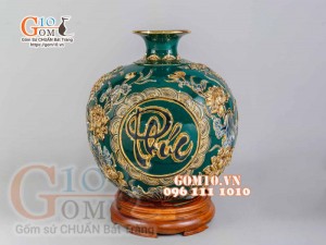 Bình hút tài lộc Phúc Lộc Thọ nổi vẽ vàng 24k, nền xanh lục bảo - cao 40cm