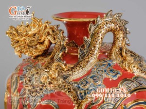Bình hút tài lộc Phúc Lộc Thọ Rồng đắp nổi vẽ vàng 24k, nền đỏ - cao 40cm