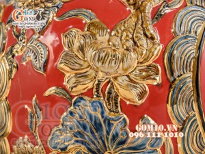 Bình hút tài lộc Phúc Lộc Thọ Rồng đắp nổi vẽ vàng 24k, nền đỏ - cao 40cm