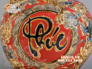 Bình hút tài lộc Phúc Lộc Thọ Rồng đắp nổi vẽ vàng 24k, nền đỏ - cao 40cm