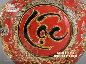 Bình hút tài lộc Phúc Lộc Thọ Rồng đắp nổi vẽ vàng 24k, nền đỏ - cao 40cm