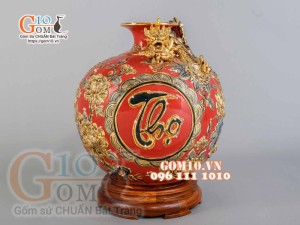 Bình hút tài lộc Phúc Lộc Thọ Rồng đắp nổi vẽ vàng 24k, nền đỏ - cao 40cm