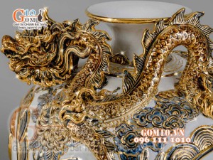 Bình hút tài lộc Phúc Lộc Thọ Rồng đắp nổi vẽ vàng 24k, nền trắng - cao 40cm
