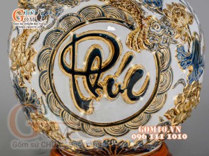 Bình hút tài lộc Phúc Lộc Thọ Rồng đắp nổi vẽ vàng 24k, nền trắng - cao 40cm