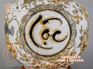 Bình hút tài lộc Phúc Lộc Thọ Rồng đắp nổi vẽ vàng 24k, nền trắng - cao 40cm